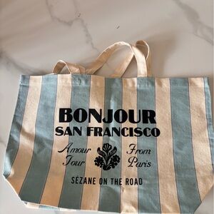 Sezane Blue and Cream Bonjour Tote
